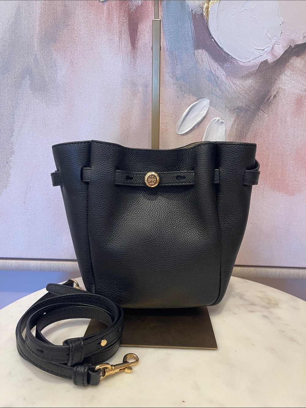 Tory Burch Black Pebbled Leather Bucket Crossbody with Gold Hardware